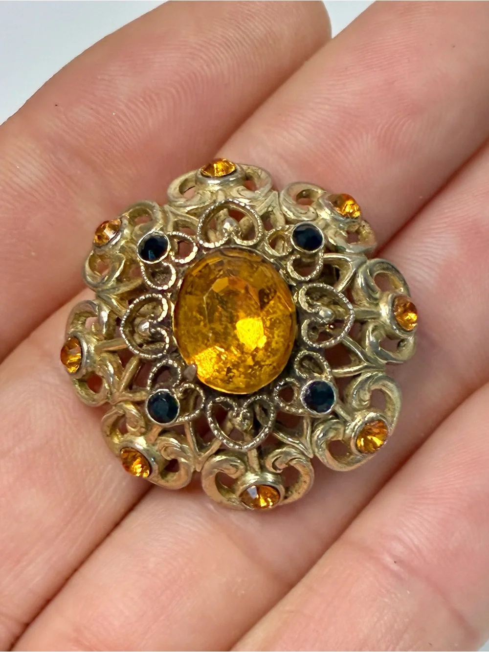 Coro Gold-Tone Heart Shaped Ornate Filigree Brooch with Amber and Black Stones